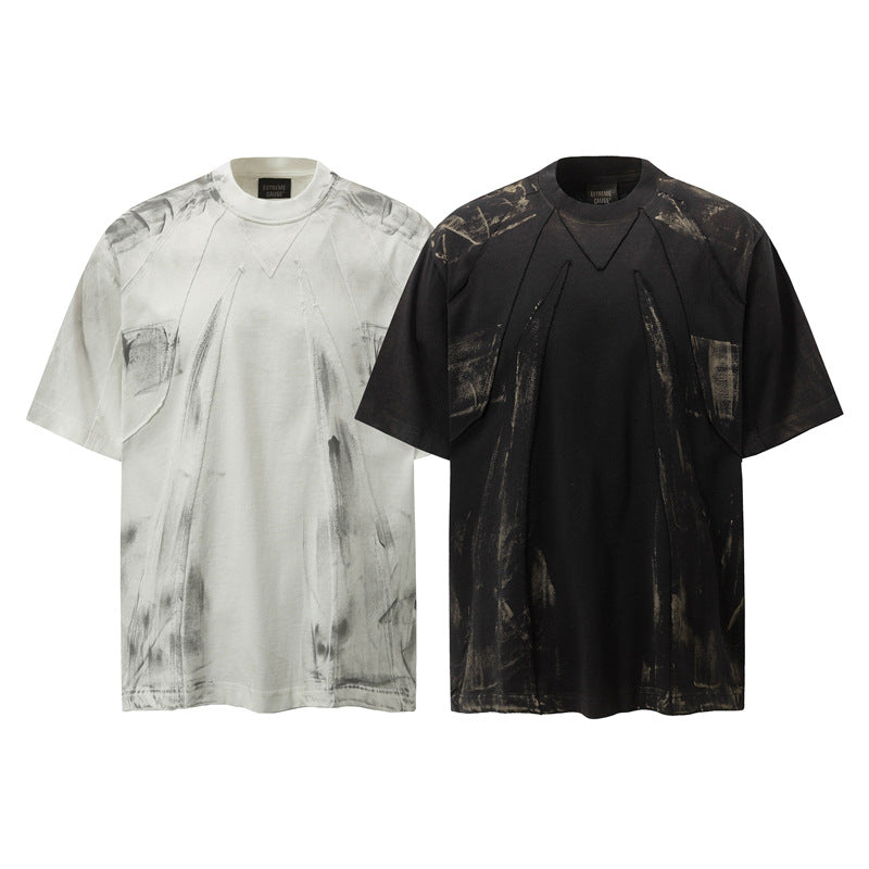 Camisas Retros Vintage Old Dirty Short Sleeve Splicing T-Shirt