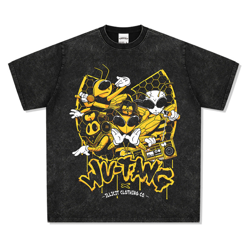 Streetwear masculino wu-tang print vintage short-sleeved t-shirt