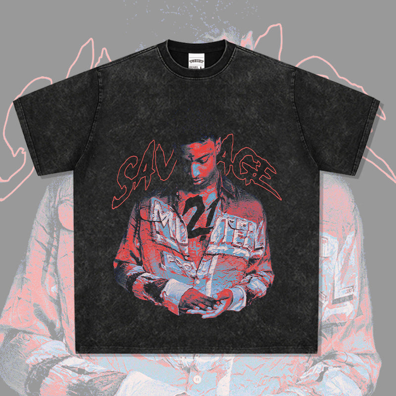 Outfit streetwear vintage hip hop 21 SAVAGE print short sleeve t-shirt