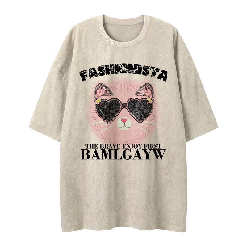 US drip outfits Summer Vintage Pussy Print Casual Loose Short Sleeve T-Shirts