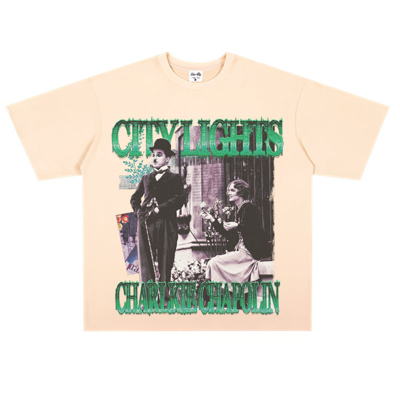 Film Star T Shirt Classic Movie Surrounding City Light Loose Retro Street Cotton T-shirt