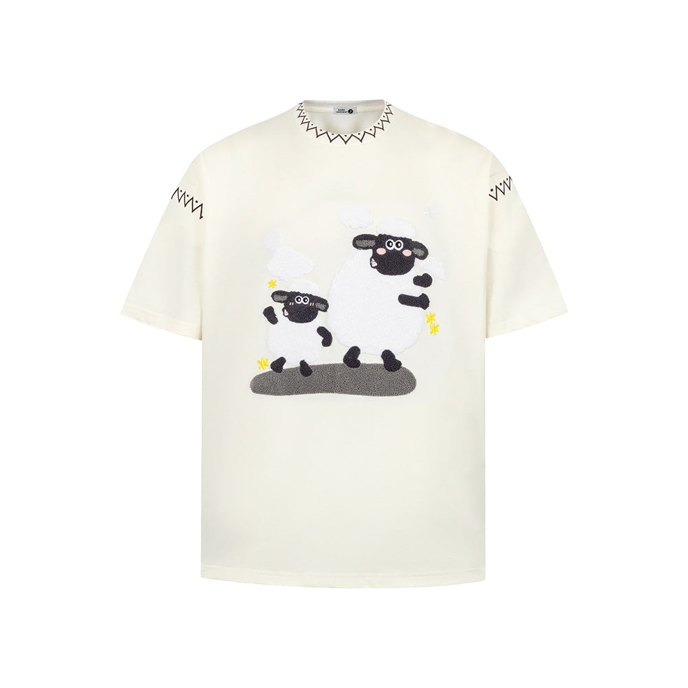 New York Hip Hop Style Summer Crew Neck Short Sleeve T-Shirt Lamb Embroidery Print