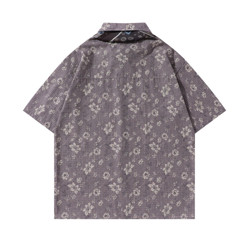 Y2K mens shirt retro loose shirt pleated floral men's casual short-sleeved tie shirt