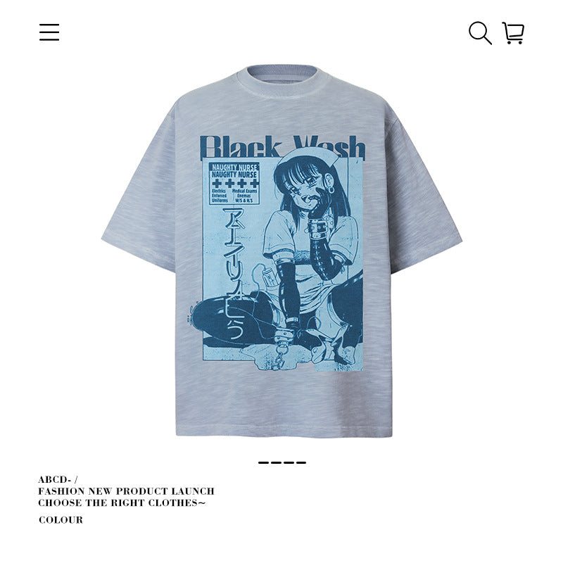 American vintage street T-shirt pure cotton men's and women's summer loose