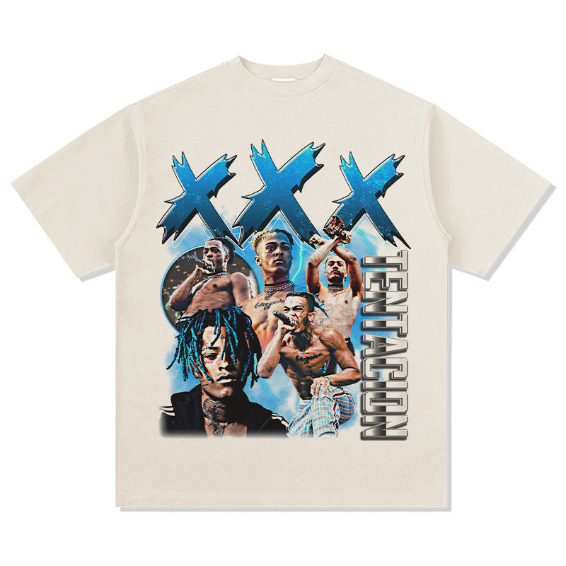 Streetwear masculino vintage hip hop rap XXX Tentacion print short sleeve t-shirt
