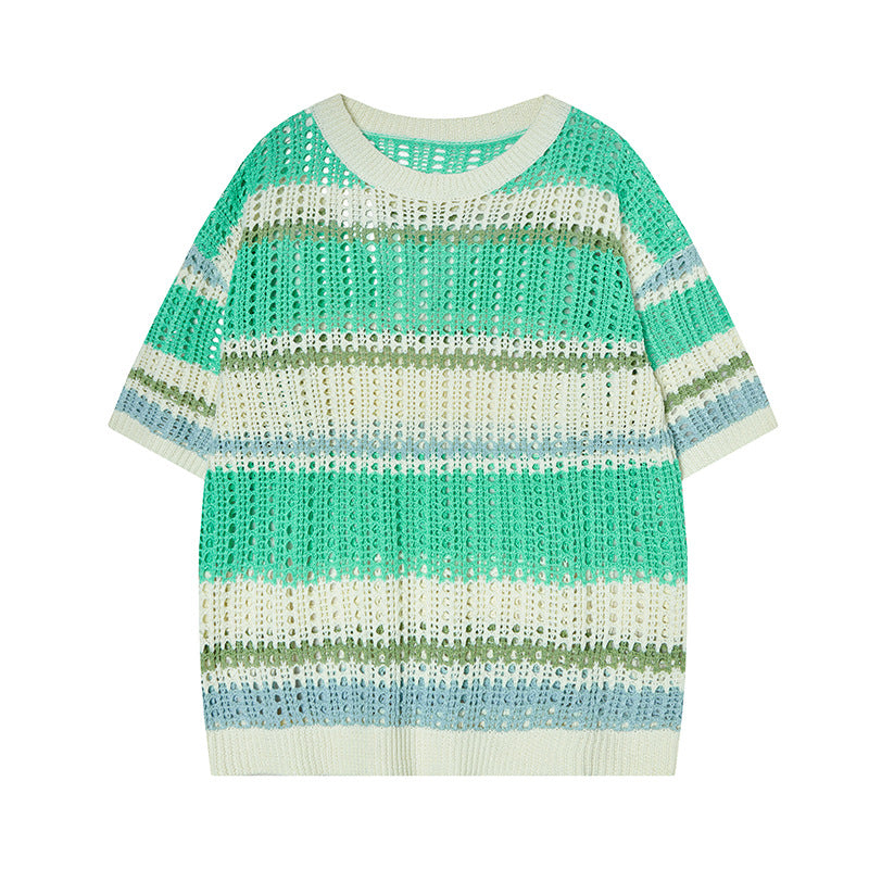 Camisas Retros Striped Contrast Crew Neck Knitted Short Sleeve T-Shirt