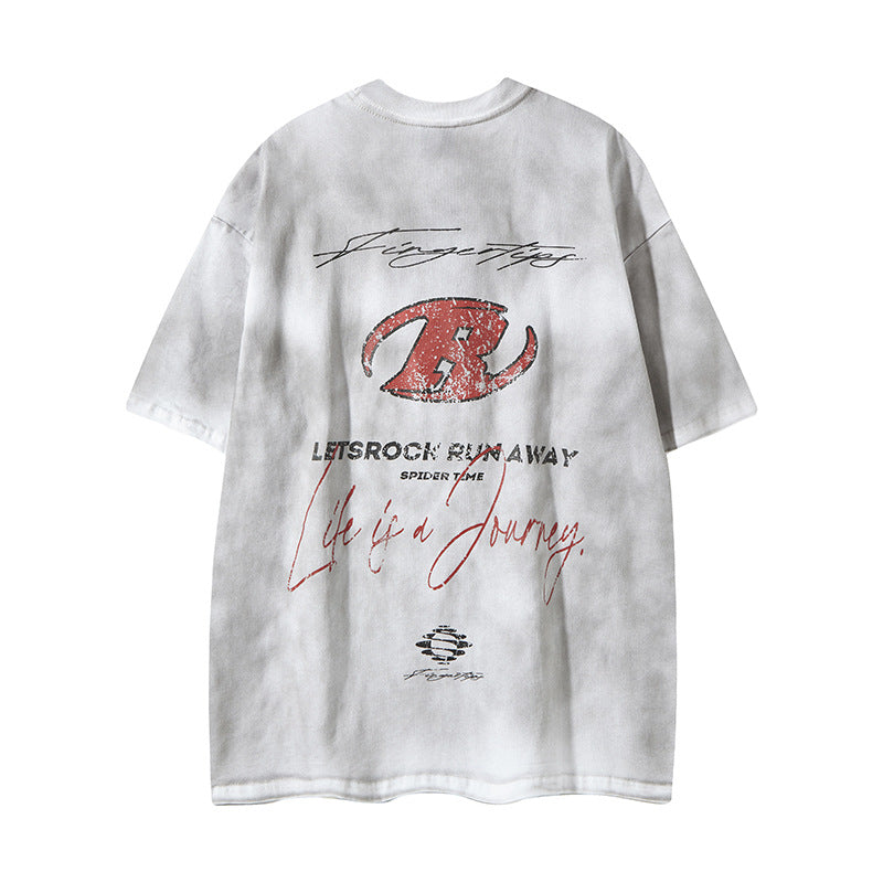 Camisas Retros wash gradual change print men's casual loose sports T-shirt