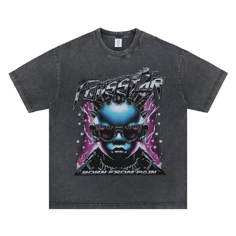 Vintage College Shirts Summer Hip Hop Kids Wash Print Short Sleeve T-Shirt