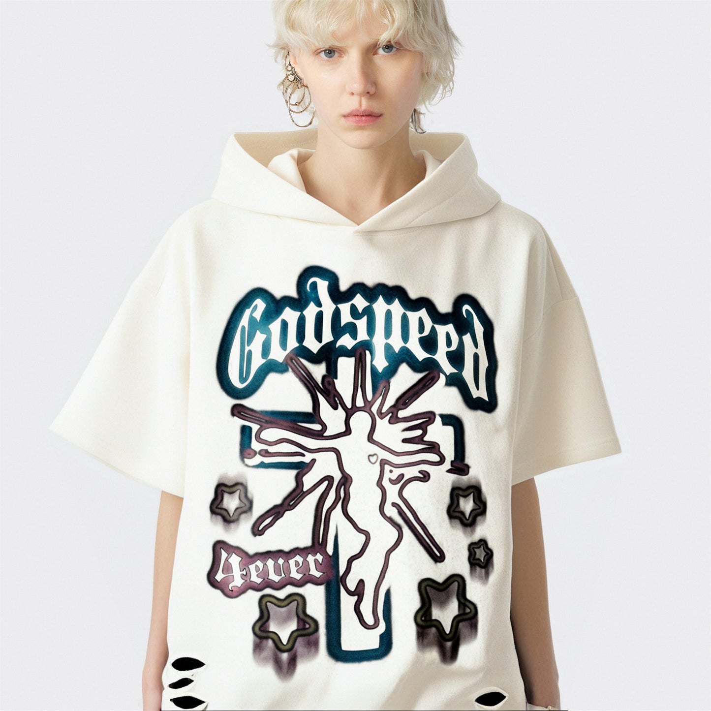 Distorted vintage made old hooded t-shirt loose short sleeve top summer