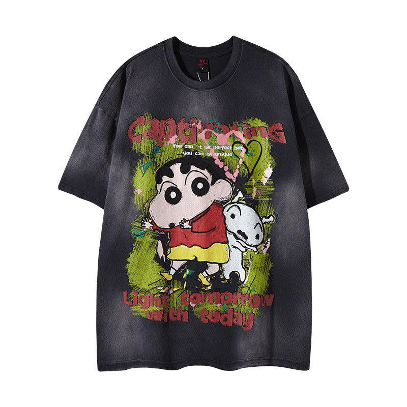 Nostalgia T Shirts Vintage Cartoon Graffiti Tie-Dye Old Short Sleeve T-Shirt