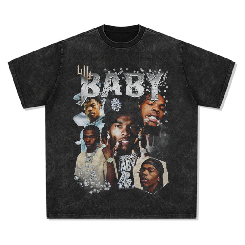 Cool t rapper retro hip hop Lil Baby print short sleeve t-shirt loose crew neck