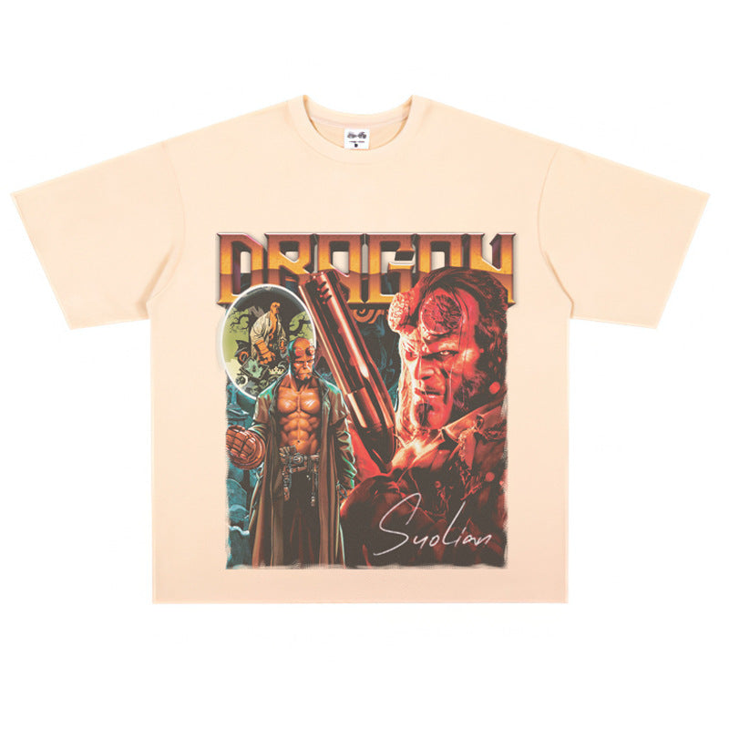 Film Star T Shirt Movie Hellboy Street Style Short Sleeve Loose American Print T-shirt Men and Women