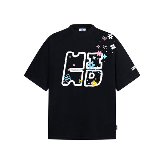 Vintage 90s Hip Hop Clothing Vintage Floral Embroidery Short Sleeve T-Shirt Loose Casual Crew Neck Top