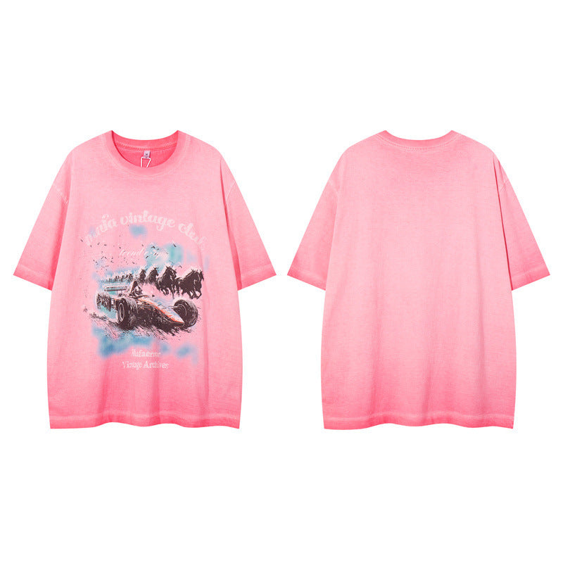 US drip outfits Summer Vintage Racing Pattern Casual Loose Short Sleeve T-Shirts