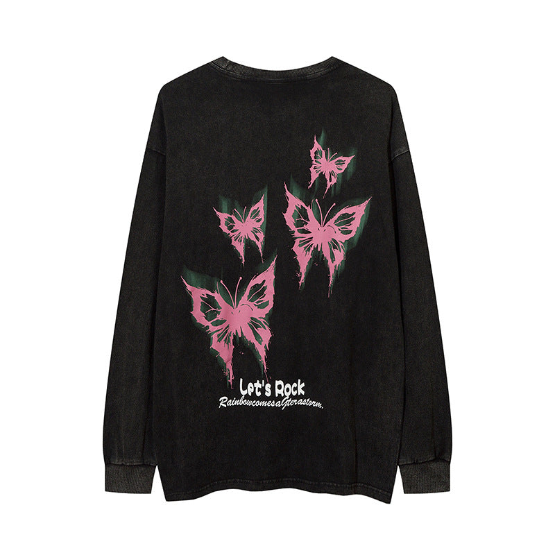 Vintage T Shirts Hip Hop Butterfly Graffiti Print Long Sleeve T-Shirt
