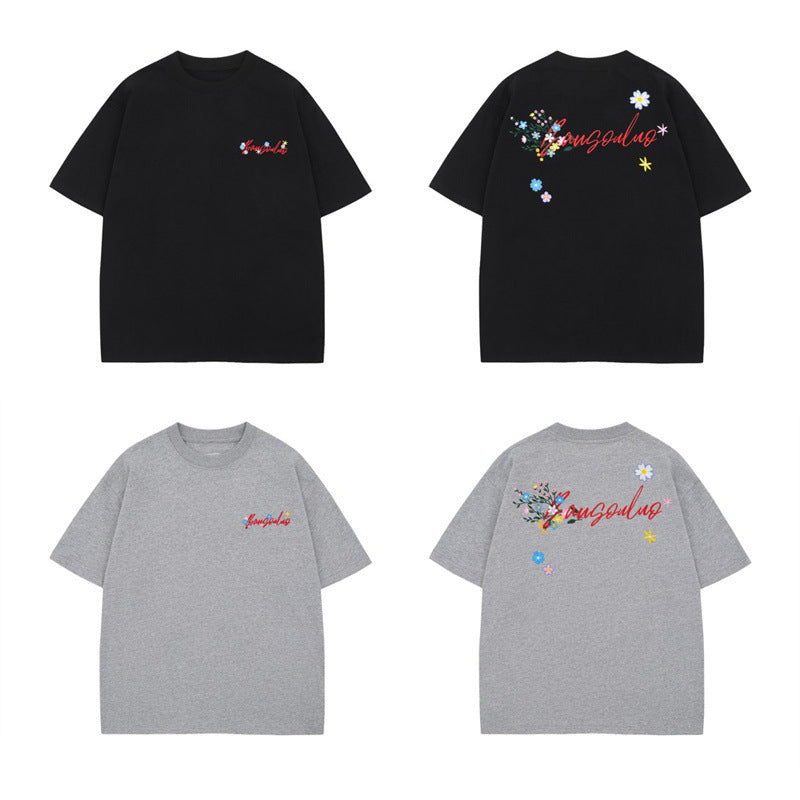 US drip outfits Summer Vintage Floral Embroidery Casual Loose Short Sleeve T-Shirts