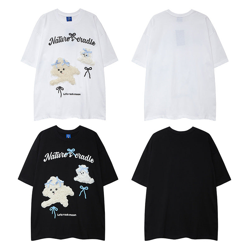 Nostalgia T Shirts Dog Flocking Embroidery Short Sleeve T-Shirt Bow Loose Top