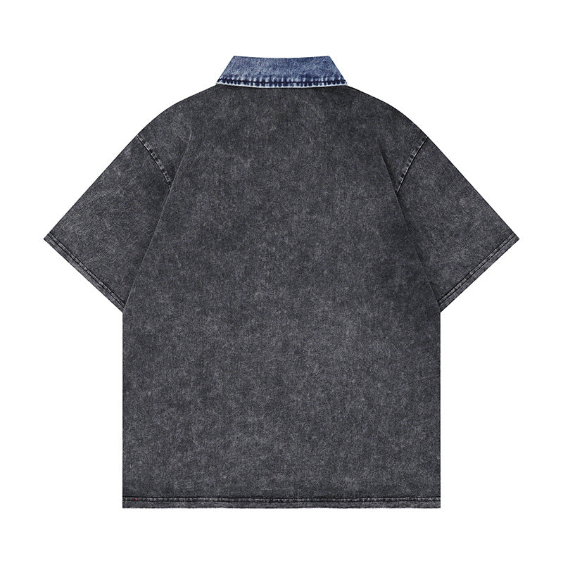 Racing oversized t shirt summer retro washed denim polo collar short sleeve t-shirt