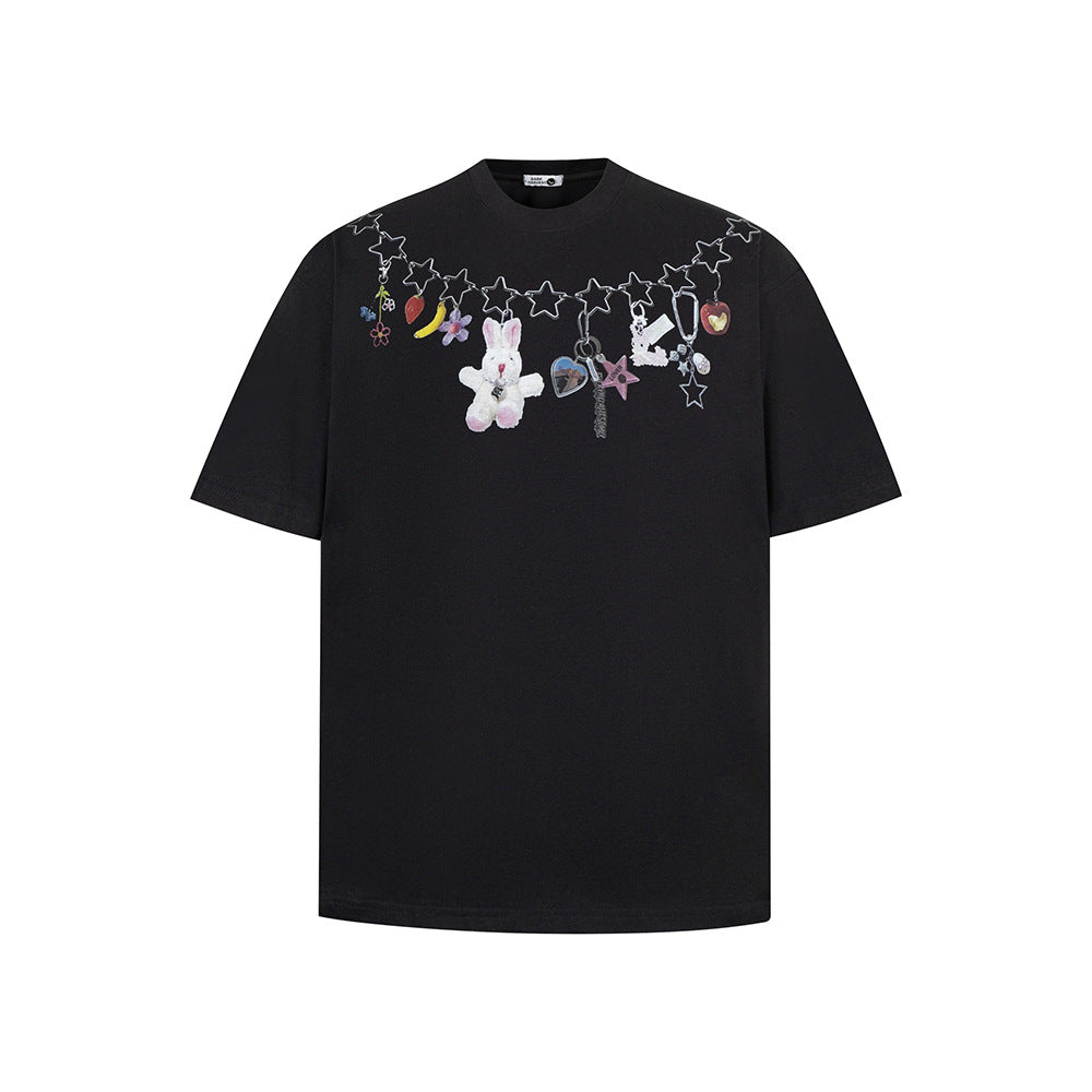 New York Hip Hop Style Vintage Necklace Printed Pendant Summer Casual Loose T-Shirt