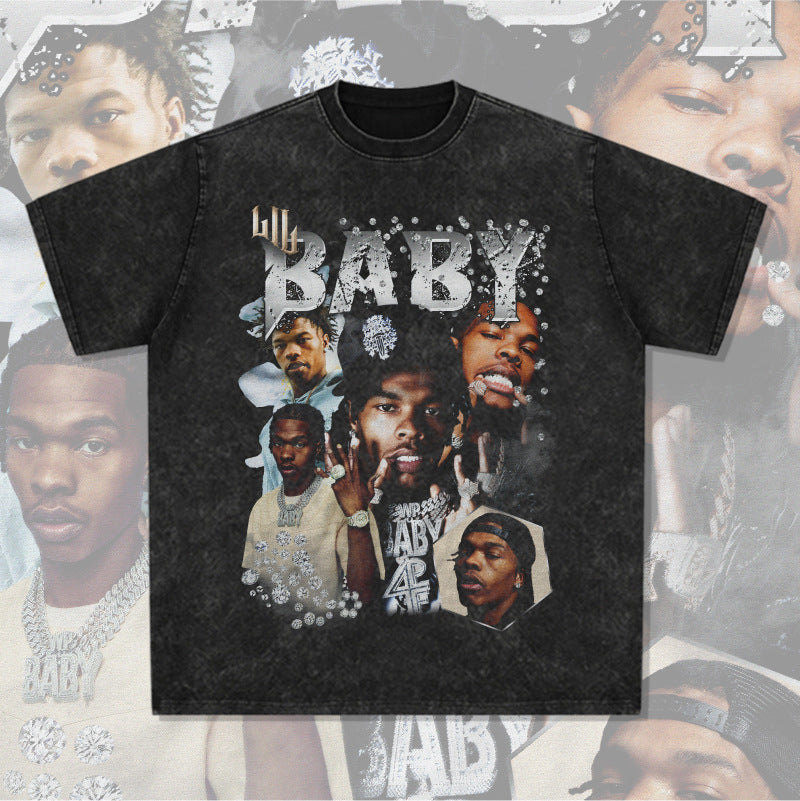 Cool t rapper retro hip hop Lil Baby print short sleeve t-shirt loose crew neck