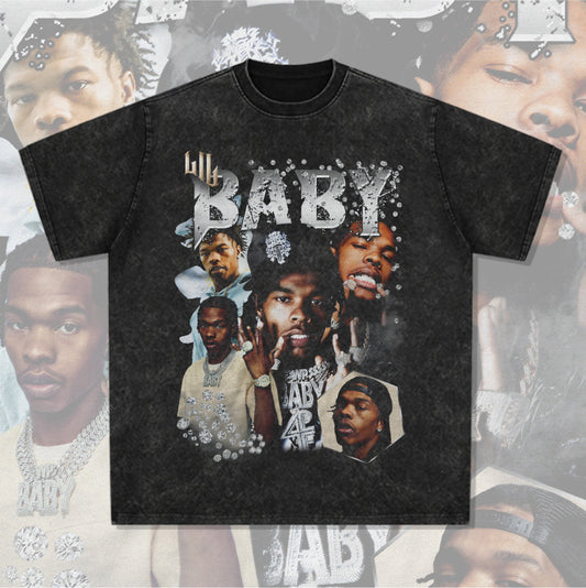 Cool t rapper retro hip hop Lil Baby print short sleeve t-shirt loose crew neck