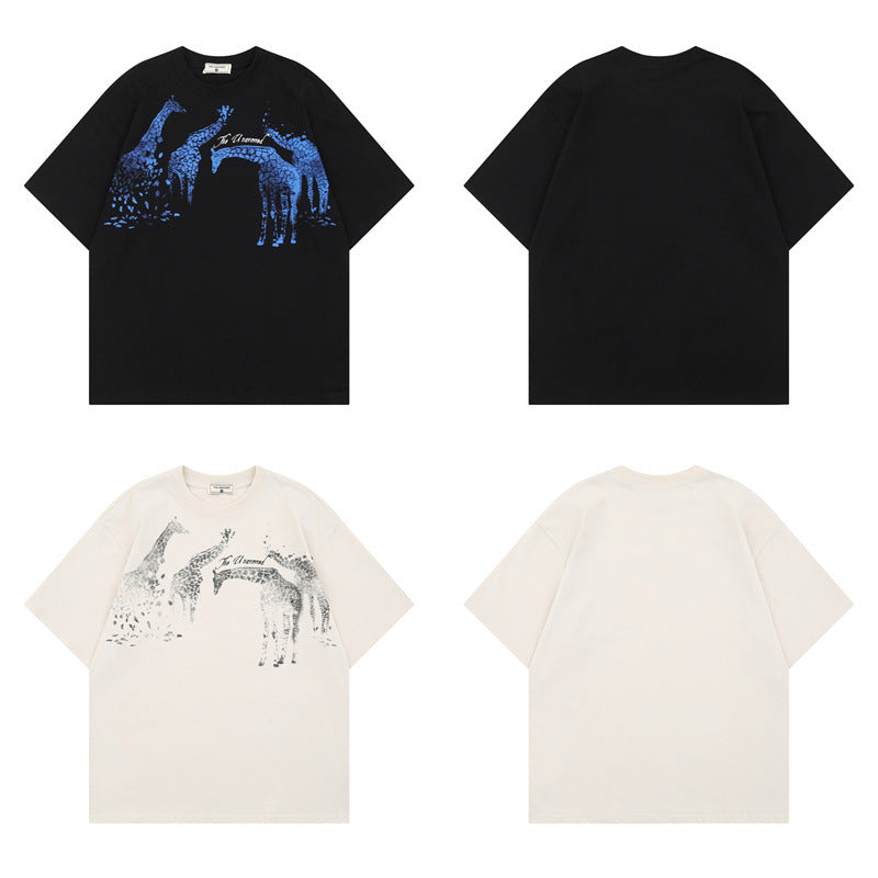 US drip outfits summer vintage giraffe print casual loose short sleeve T-Shirts