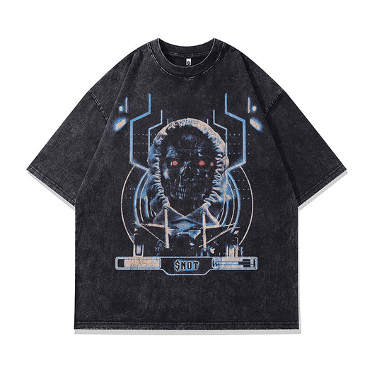 Ropa Vintage Hombre Skull Demon Print Washed Short Sleeve T-Shirt