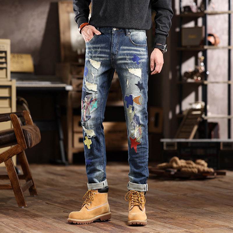 1990 Fashion Jeans Ripped Denim Embroidered Patch Graffiti Straight Pants