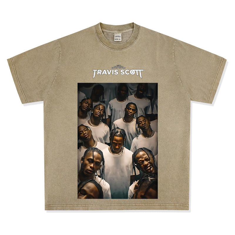 Streetwear masculino hip hop Travis scott rap character print washed do old loose short sleeve t-shirt