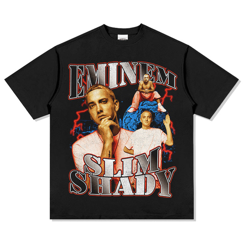 Cool t rapper Eminem Printed Hip Hop Short Sleeve Washed Old T-Shirt
