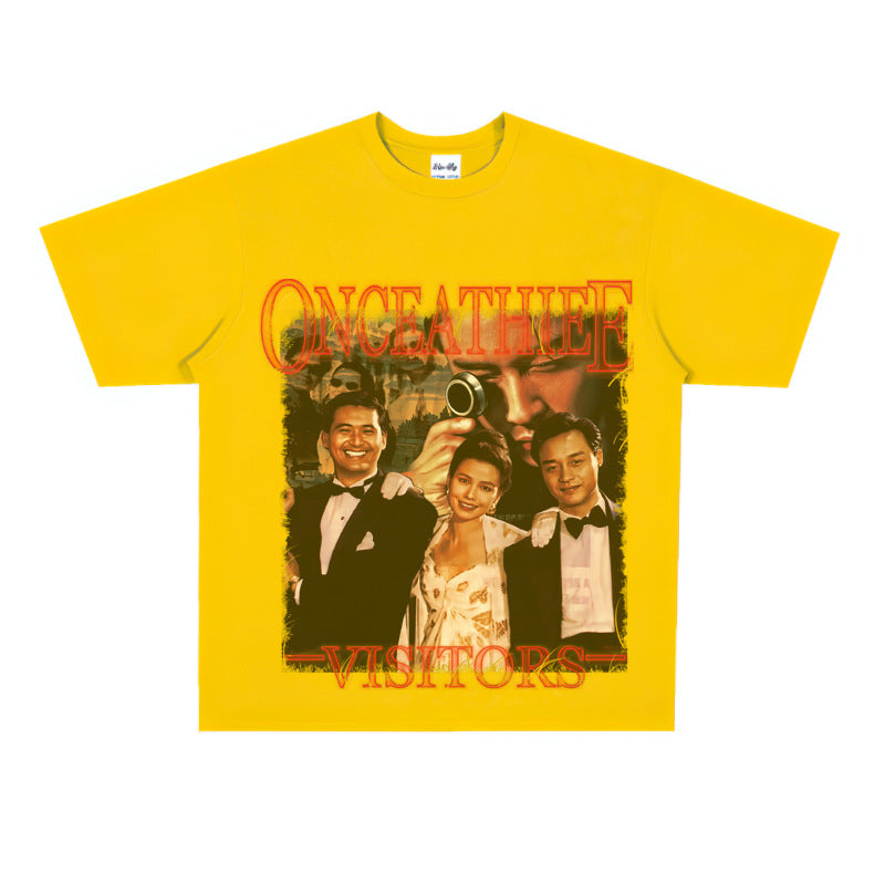 Film Star T Shirt Cotton Short Sleeve Loose round Neck Retro Nostalgic Heavy Printed T-shirt