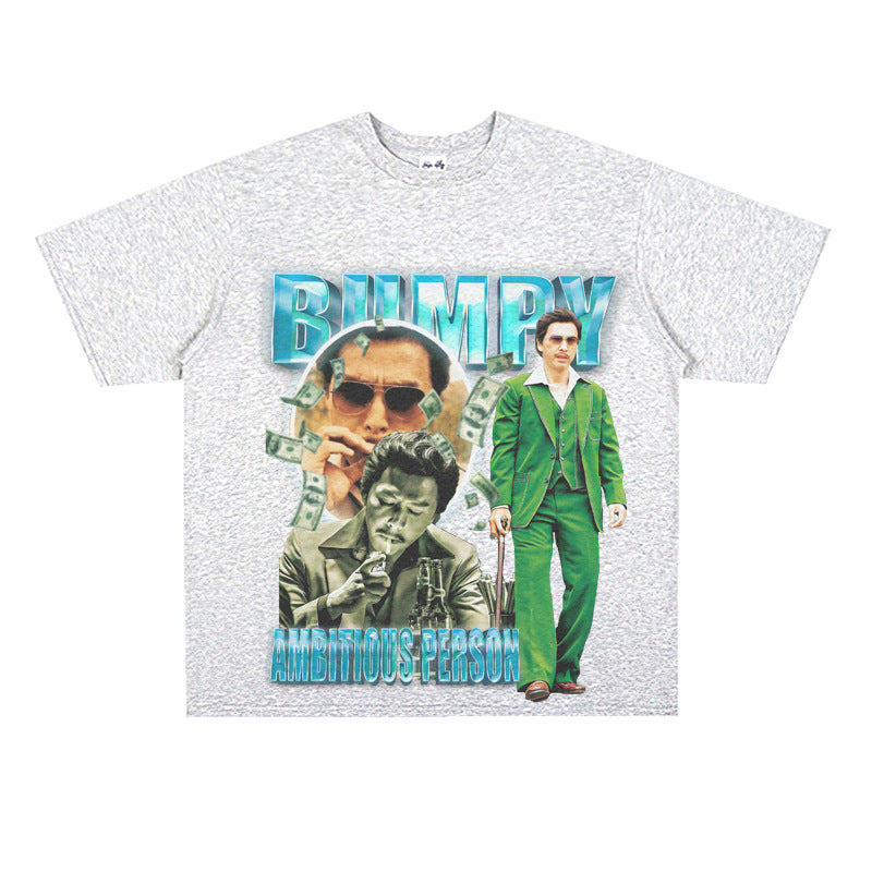 Film Star T Shirt Loose Heavy Retro Street Cotton Small Neckline T-shirt for Men and Women