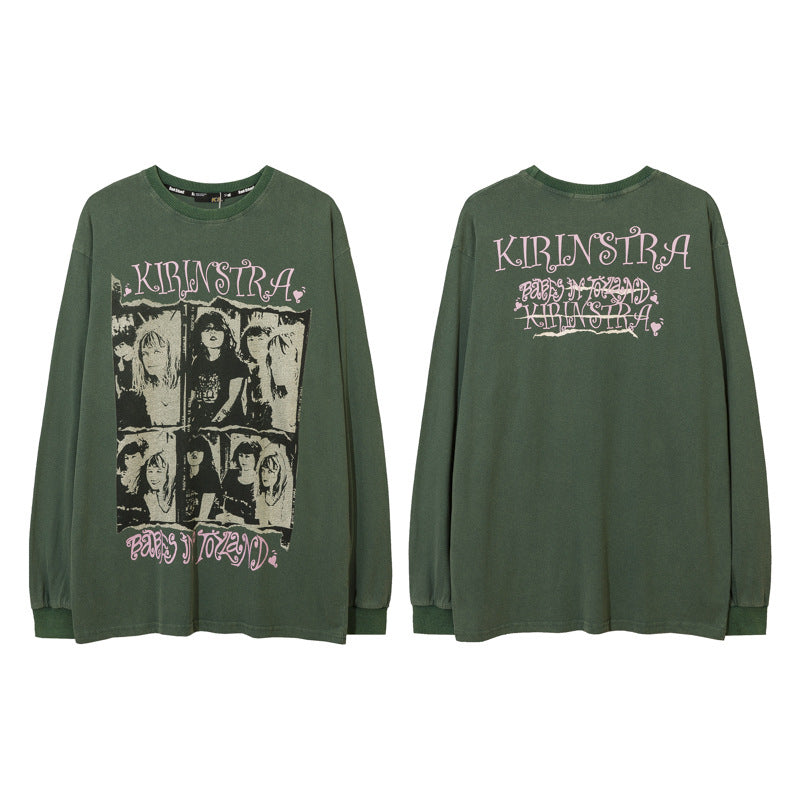 Vintage T Shirts Hip Hop Old Wash Character Print Long Sleeve T-Shirt Autumn oversize