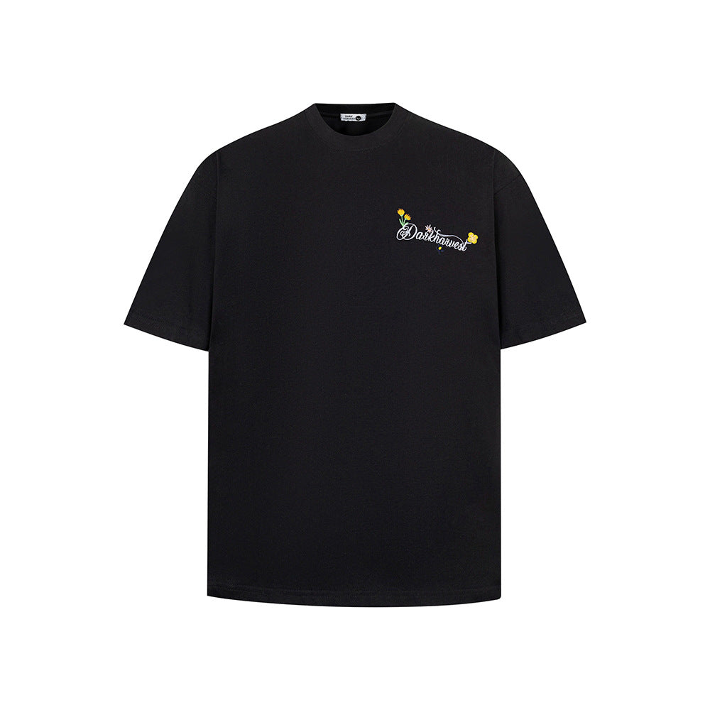 New York Hip Hop Style Floral Embroidery Short Sleeve T-Shirt