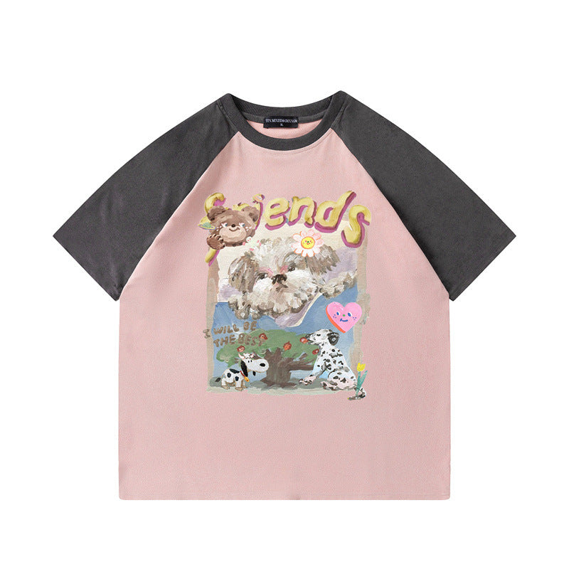 US drip outfits summer vintage doggy casual loose short sleeve T-Shirts