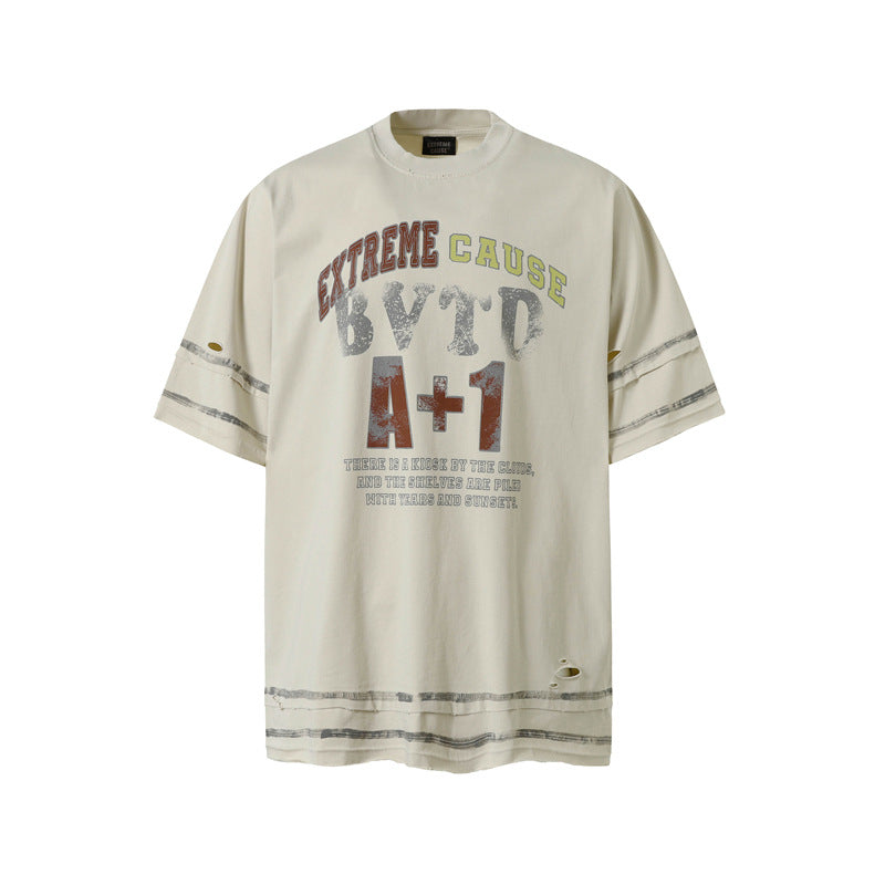 Camisas Retros Washed Old Crew Neck Letter Print Short Sleeve T-Shirt
