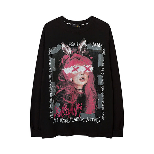 Vintage T Shirts Hip Hop Cartoon Print Long Sleeve T-Shirt