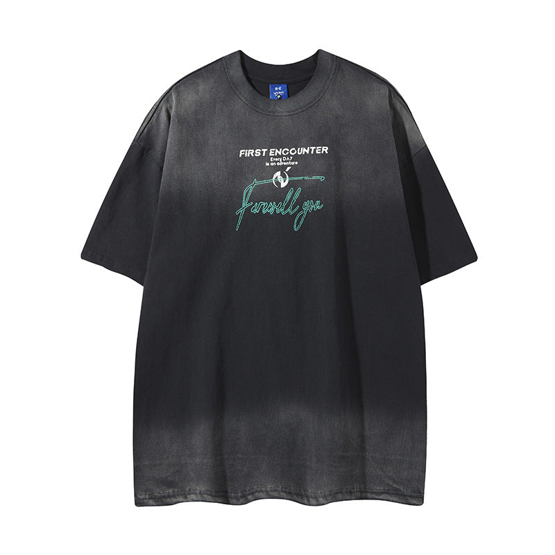 Camisas Retros Vintage Printed Alphabet Washed Old Short Sleeve T-Shirt