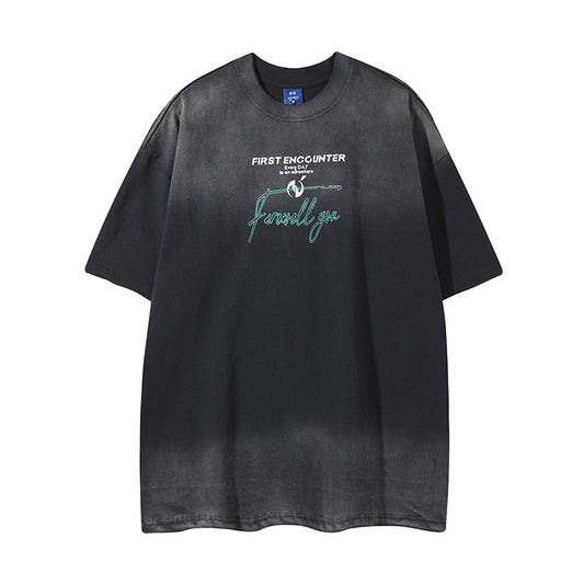 Camisas Retros Vintage Printed Alphabet Washed Old Short Sleeve T-Shirt