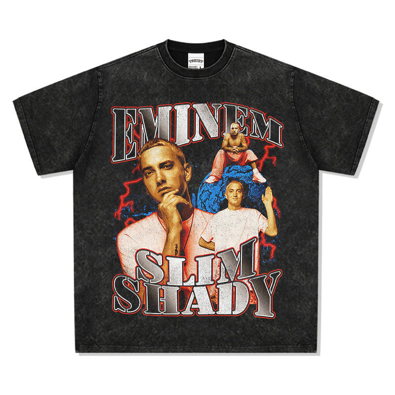 Cool t rapper Eminem Printed Hip Hop Short Sleeve Washed Old T-Shirt
