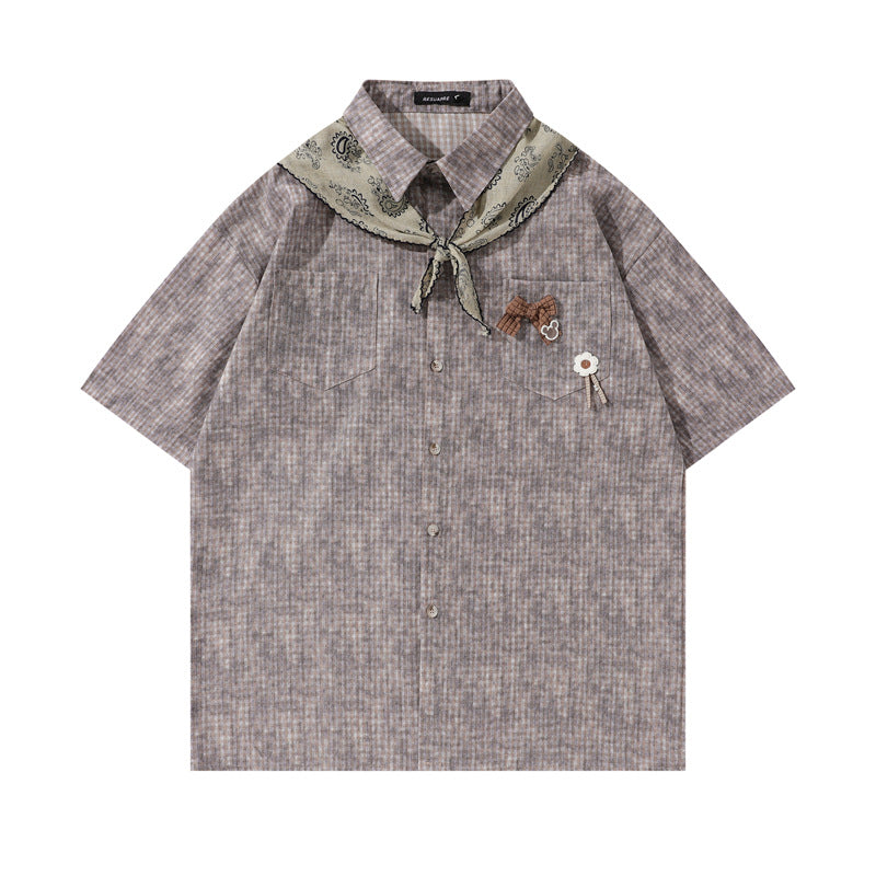 Y2K mens shirt retro loose sports short-sleeved lapel shirt