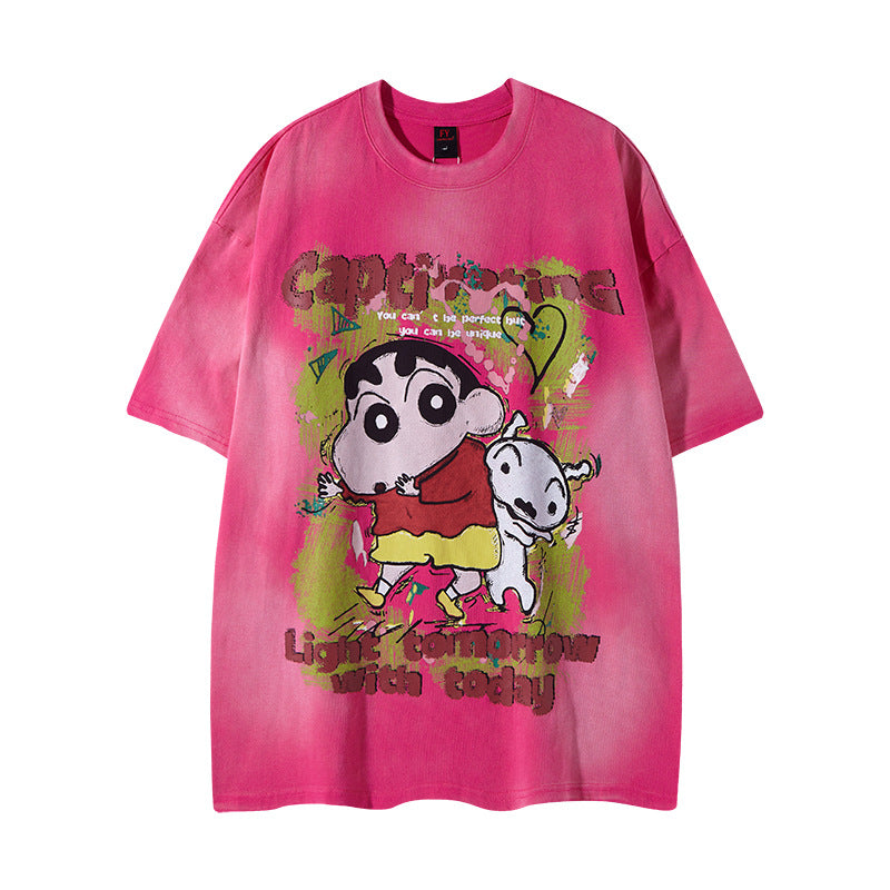 Nostalgia T Shirts Vintage Cartoon Graffiti Tie-Dye Old Short Sleeve T-Shirt