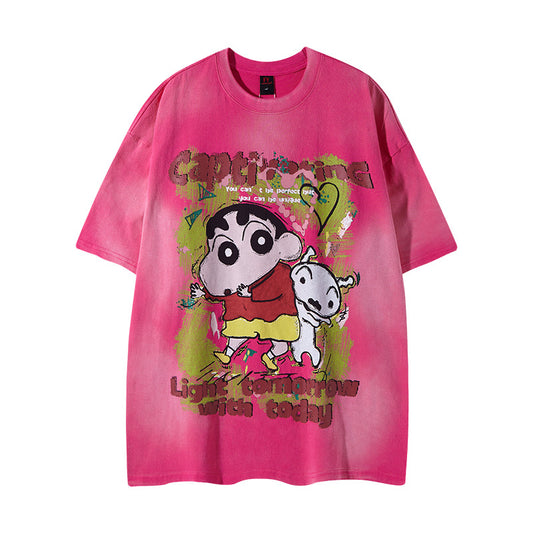 Nostalgia T Shirts Vintage Cartoon Graffiti Tie-Dye Old Short Sleeve T-Shirt