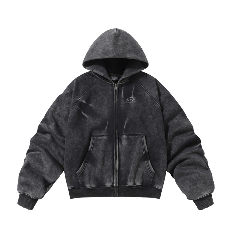 Streetwear Hoodie Winter Vintage Washed Old Hooded Sweater Loose Cardigan Jacket