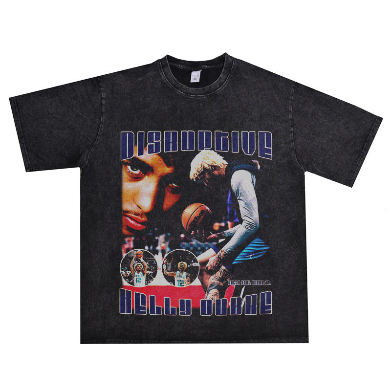 Film Star T Shirt Kelly Oubre Printed T-shirt Short Sleeve Loose Retro Pure Cotton Washed Distressed