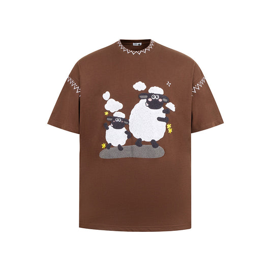 New York Hip Hop Style Summer Crew Neck Short Sleeve T-Shirt Lamb Embroidery Print