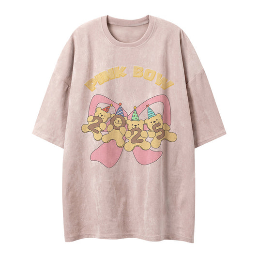 US drip outfits Summer Vintage Bear Cartoon Casual Loose Short Sleeve T-Shirts