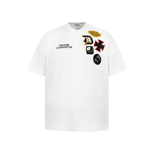 New York Hip Hop Style Vintage Floral Embroidery Crew Neck Short Sleeve T-Shirt