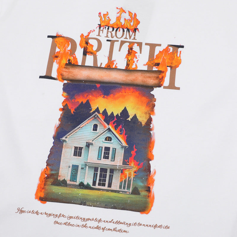 Camisas Retros White Ink Fire House Pattern 3D Printed Design Short Sleeve T-Shirt
