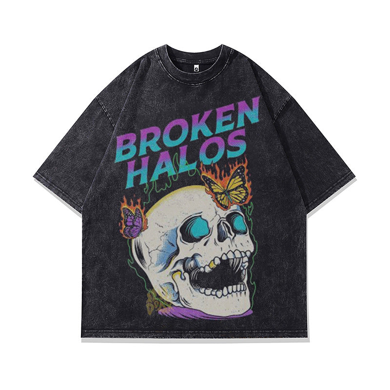 Ropa Vintage Hombre Skull Print Washed Crew Neck Short Sleeve T-Shirt